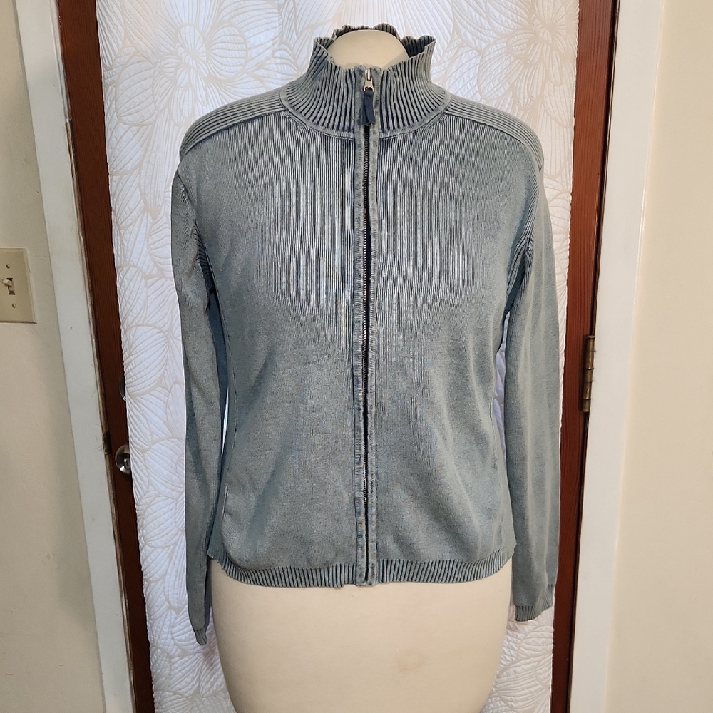 Tyler Boe Weathered Blue Ribbed Cotton Full Zip Sweater Jacket L